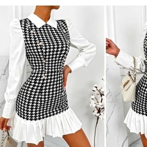 Shein houndstooth panel puff sleeve pleated hem dress in white and black
